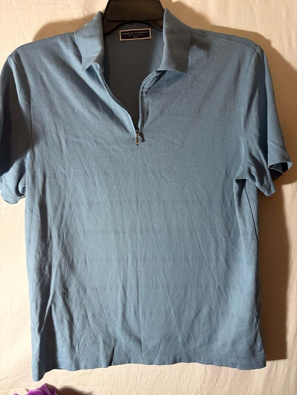 Charles Tyrwhitt Men's Light Blue Textured Half-Zip Short Sleeve Polo Shirt Medi